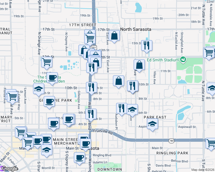 map of restaurants, bars, coffee shops, grocery stores, and more near 1009 North East Avenue in Sarasota