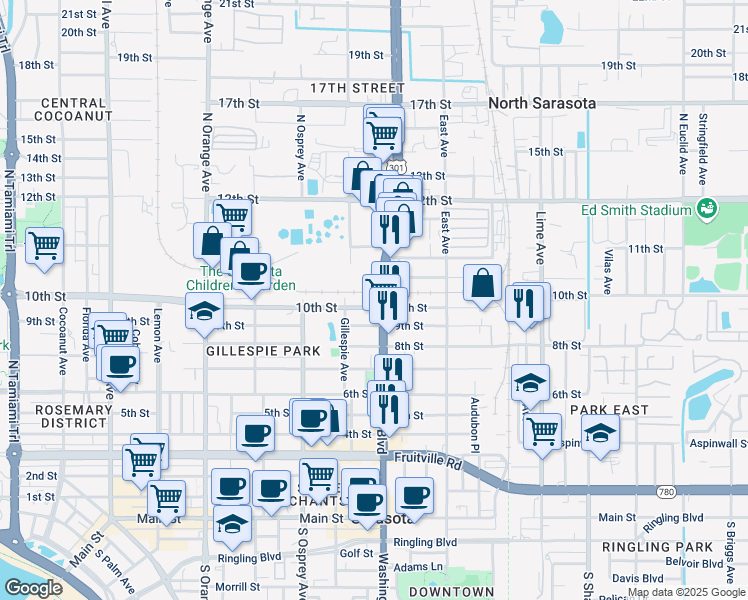 map of restaurants, bars, coffee shops, grocery stores, and more near 1001 North Washington Boulevard in Sarasota