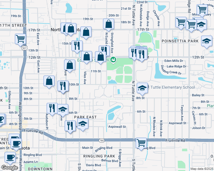 map of restaurants, bars, coffee shops, grocery stores, and more near 2478 10th Street in Sarasota