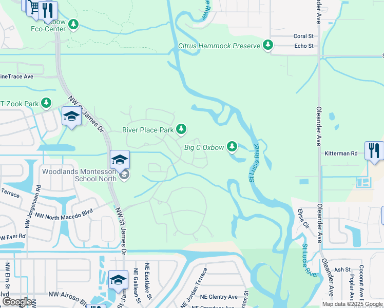map of restaurants, bars, coffee shops, grocery stores, and more near 667 Northeast Waters Edge Lane in Port St. Lucie