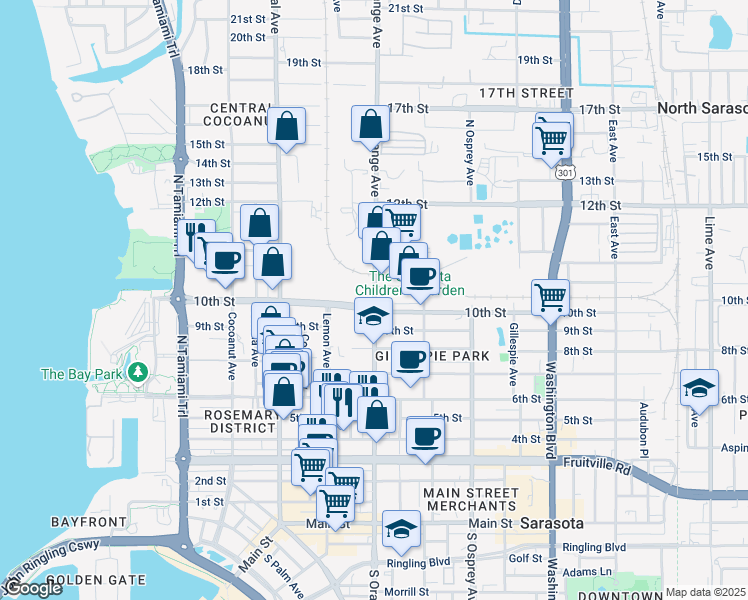 map of restaurants, bars, coffee shops, grocery stores, and more near 1015 North Orange Avenue in Sarasota