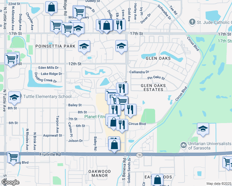 map of restaurants, bars, coffee shops, grocery stores, and more near 1025 North Beneva Road in Sarasota