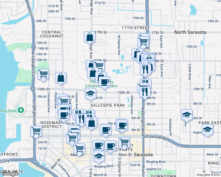 map of restaurants, bars, coffee shops, grocery stores, and more near 1051 Goodrich Avenue in Sarasota