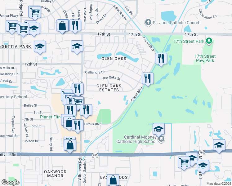 map of restaurants, bars, coffee shops, grocery stores, and more near 3838 Breezemont Drive in Sarasota