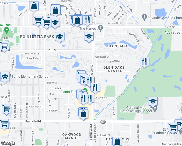 map of restaurants, bars, coffee shops, grocery stores, and more near 1001 North Beneva Road in Sarasota