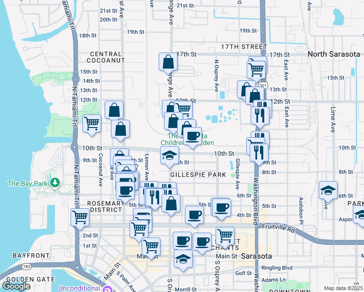 map of restaurants, bars, coffee shops, grocery stores, and more near 1646 10th Way in Sarasota