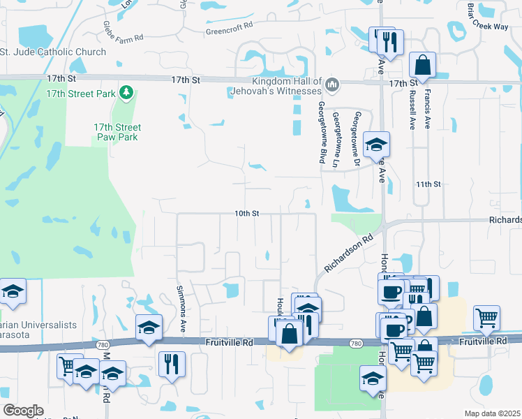 map of restaurants, bars, coffee shops, grocery stores, and more near 4825 10th Street in Sarasota