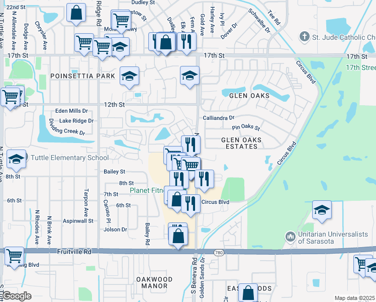 map of restaurants, bars, coffee shops, grocery stores, and more near 1025 North Beneva Road in Sarasota