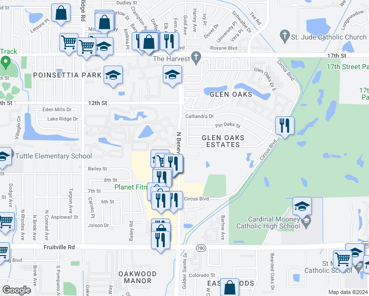 map of restaurants, bars, coffee shops, grocery stores, and more near 1001 Big Pine Rd in Sarasota
