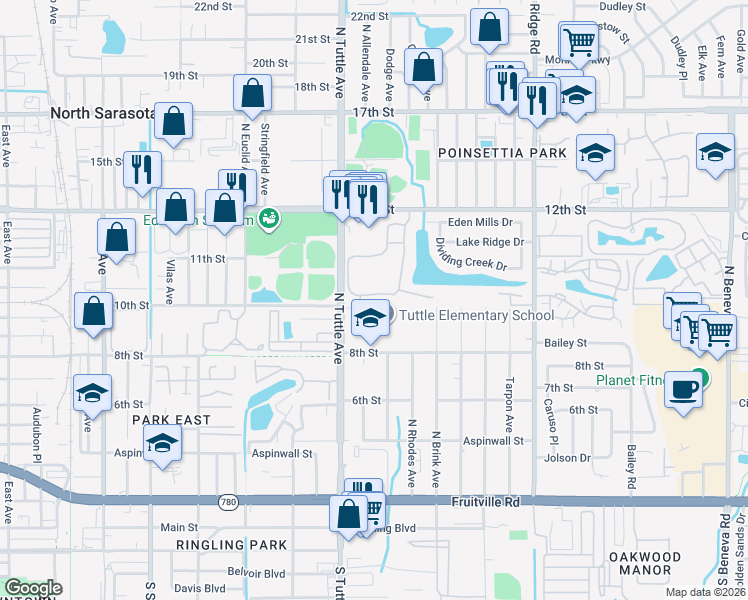 map of restaurants, bars, coffee shops, grocery stores, and more near 1010 Villagio Circle in Sarasota