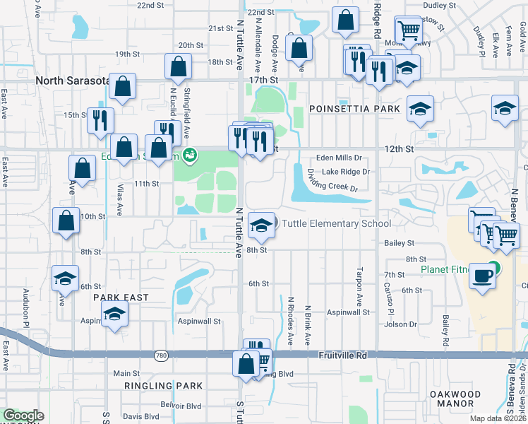 map of restaurants, bars, coffee shops, grocery stores, and more near 1010 Villagio Circle in Sarasota