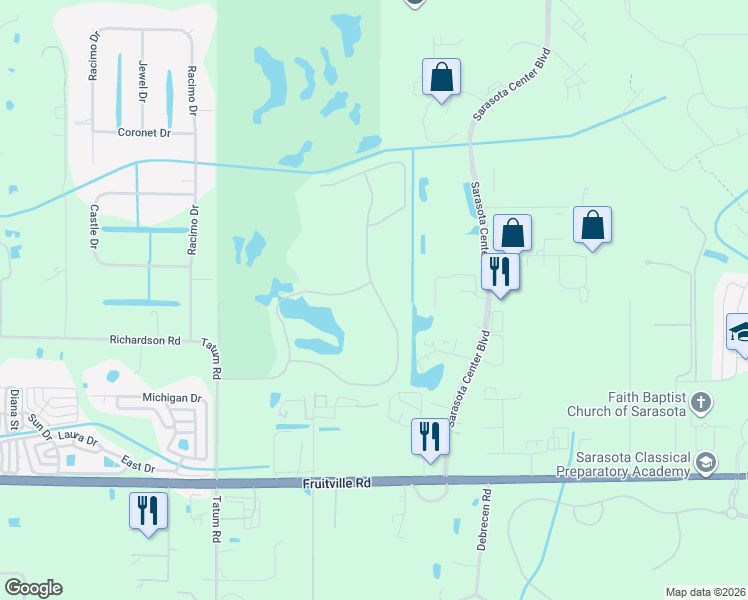 map of restaurants, bars, coffee shops, grocery stores, and more near 338 Londonderry Drive in Sarasota