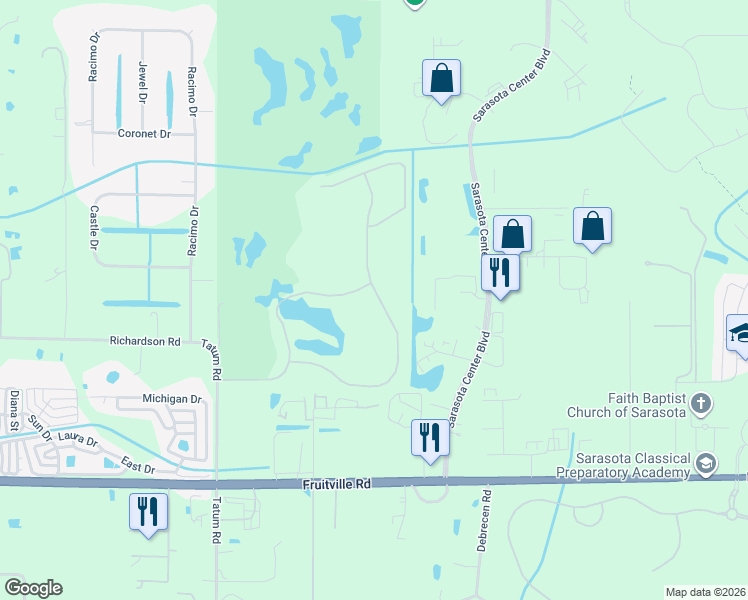 map of restaurants, bars, coffee shops, grocery stores, and more near 338 Londonderry Drive in Sarasota