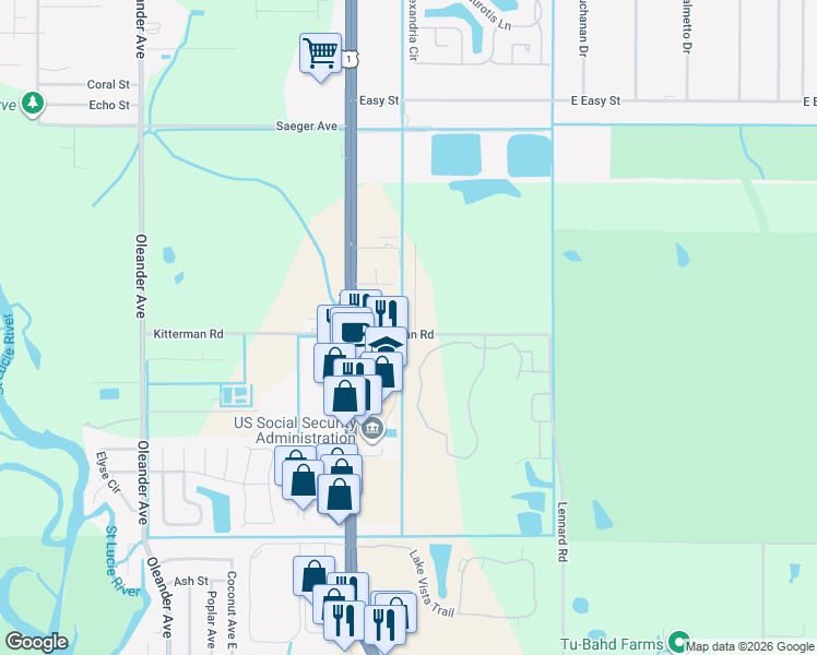 map of restaurants, bars, coffee shops, grocery stores, and more near 6529 Las Palmas Way in Port St. Lucie