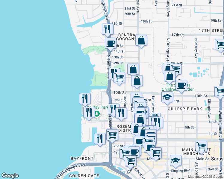 map of restaurants, bars, coffee shops, grocery stores, and more near 1012 North Tamiami Trail in Sarasota