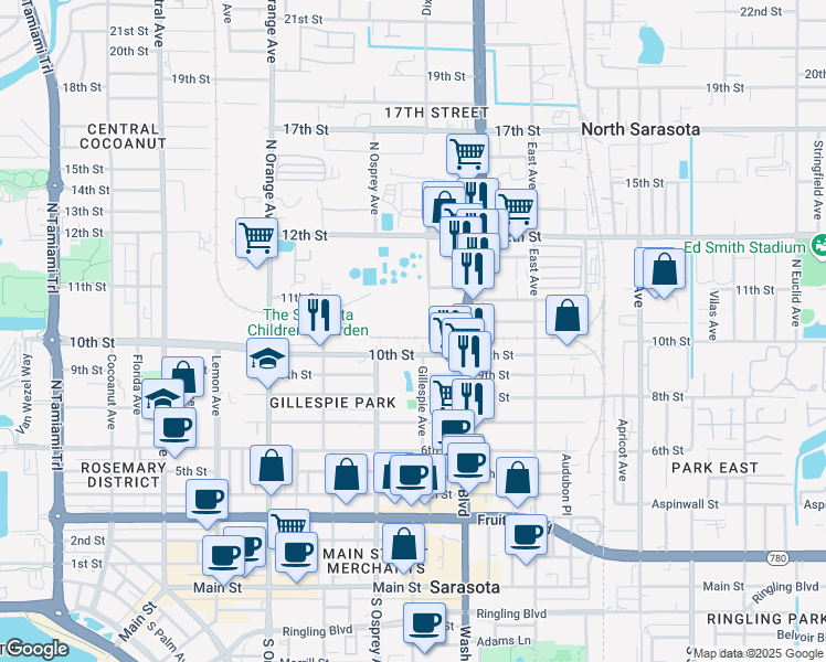 map of restaurants, bars, coffee shops, grocery stores, and more near 1020 Gillespie Avenue in Sarasota