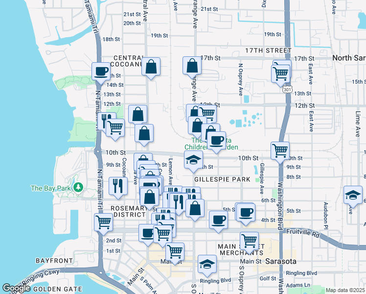 map of restaurants, bars, coffee shops, grocery stores, and more near 1015 North Orange Avenue in Sarasota