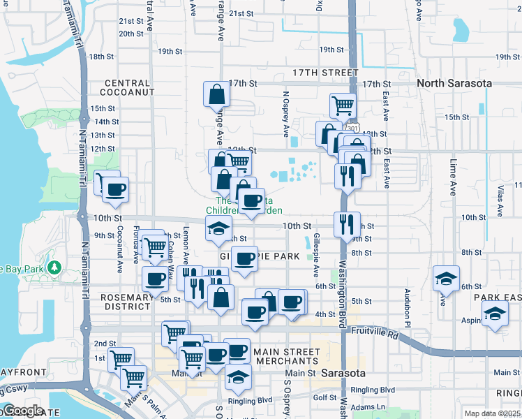map of restaurants, bars, coffee shops, grocery stores, and more near 1051 Goodrich Avenue in Sarasota