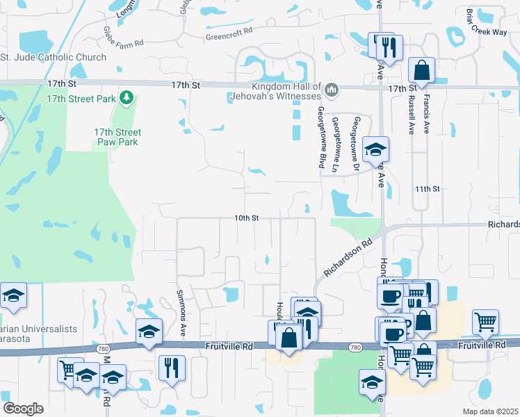 map of restaurants, bars, coffee shops, grocery stores, and more near 4825 10th Street in Sarasota
