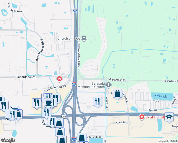 map of restaurants, bars, coffee shops, grocery stores, and more near 2650 Midnight Pearl Drive in Sarasota