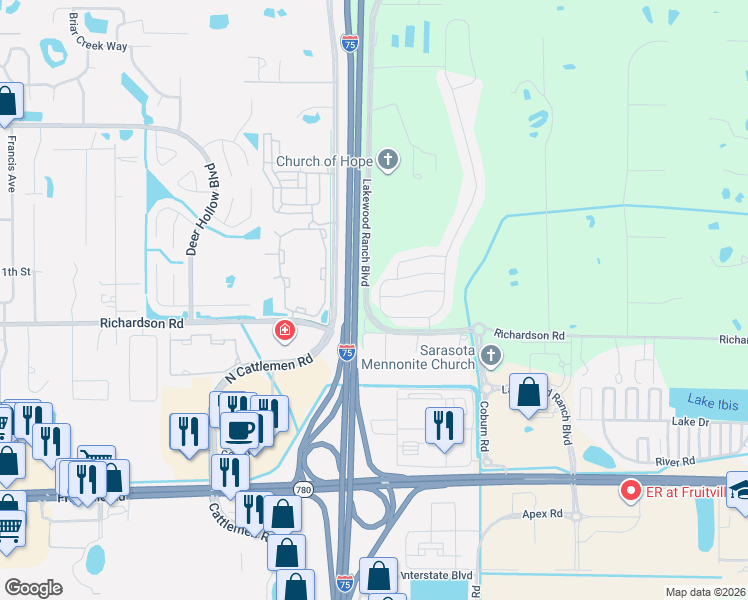 map of restaurants, bars, coffee shops, grocery stores, and more near 2690 Midnight Pearl Drive in Sarasota