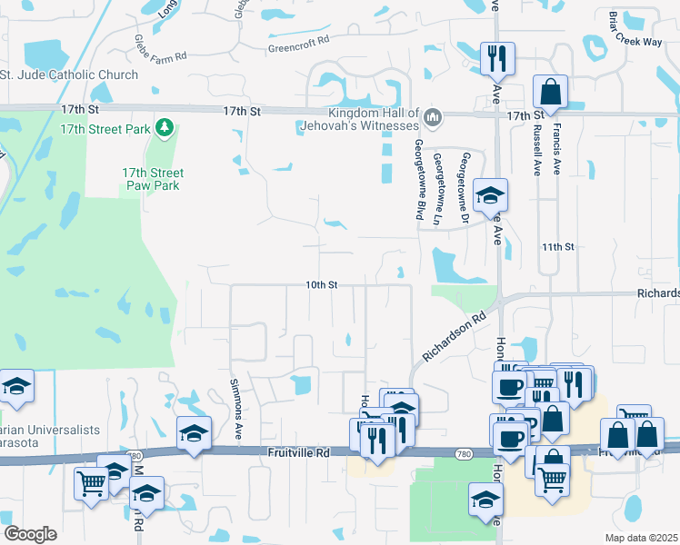 map of restaurants, bars, coffee shops, grocery stores, and more near 4825 10th Street in Sarasota
