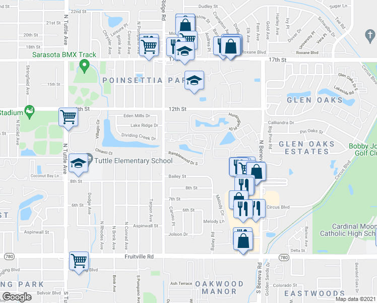 map of restaurants, bars, coffee shops, grocery stores, and more near 3339 Ramblewood Way in Sarasota