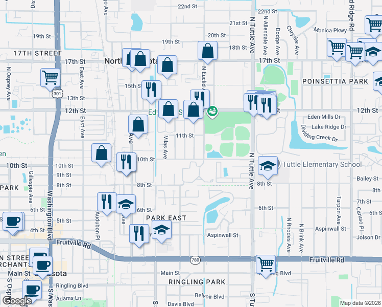 map of restaurants, bars, coffee shops, grocery stores, and more near 2550 10th Street in Sarasota