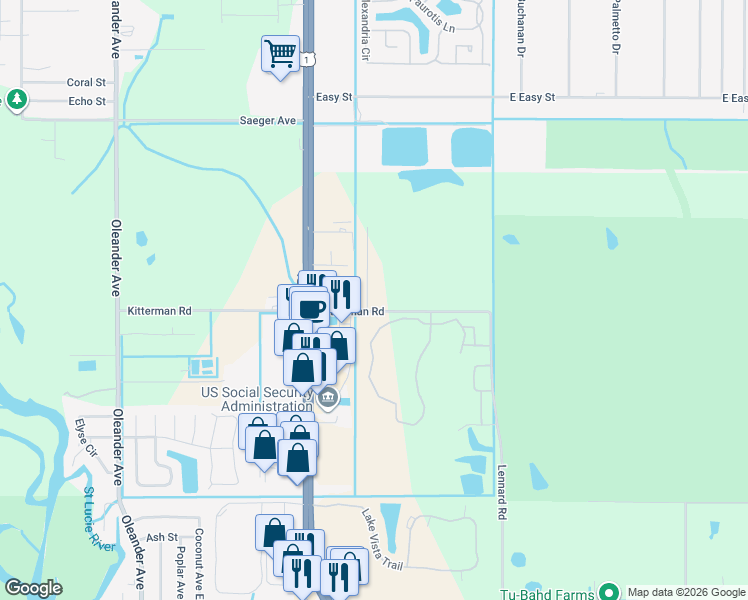 map of restaurants, bars, coffee shops, grocery stores, and more near 6529 Las Palmas Way in Port St. Lucie