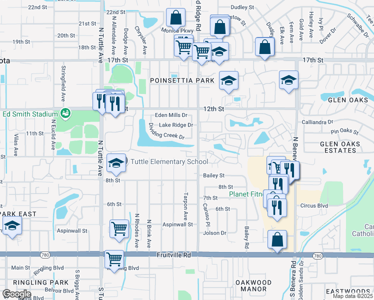 map of restaurants, bars, coffee shops, grocery stores, and more near 939 North Lockwood Ridge Road in Sarasota