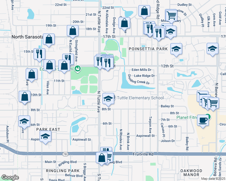 map of restaurants, bars, coffee shops, grocery stores, and more near 1010 Villagio Circle in Sarasota