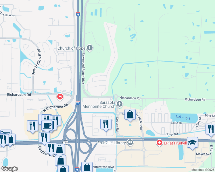 map of restaurants, bars, coffee shops, grocery stores, and more near 2540 Midnight Pearl Drive in Sarasota