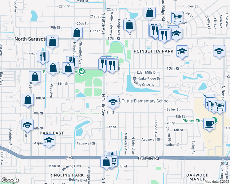 map of restaurants, bars, coffee shops, grocery stores, and more near 1010 Villagio Circle in Sarasota