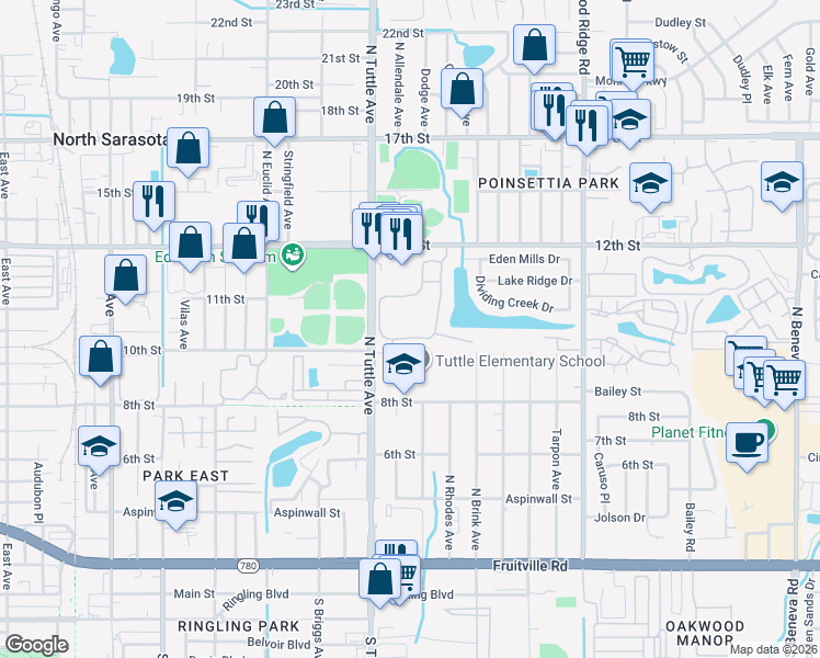 map of restaurants, bars, coffee shops, grocery stores, and more near 1010 Villagio Circle in Sarasota