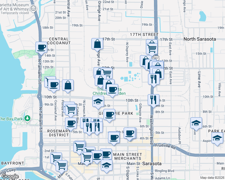 map of restaurants, bars, coffee shops, grocery stores, and more near 1700 10th Way in Sarasota