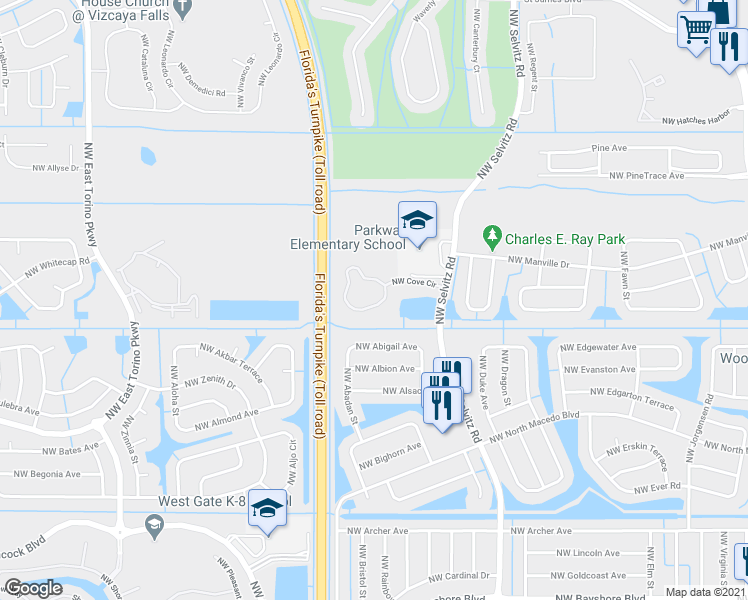 map of restaurants, bars, coffee shops, grocery stores, and more near 4604 Northwest Cove Circle in Port St. Lucie