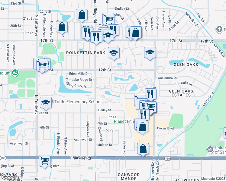 map of restaurants, bars, coffee shops, grocery stores, and more near 3313 Ramblewood Place in Sarasota