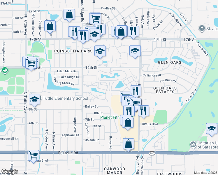 map of restaurants, bars, coffee shops, grocery stores, and more near 3290 Cheshire Lane in Sarasota