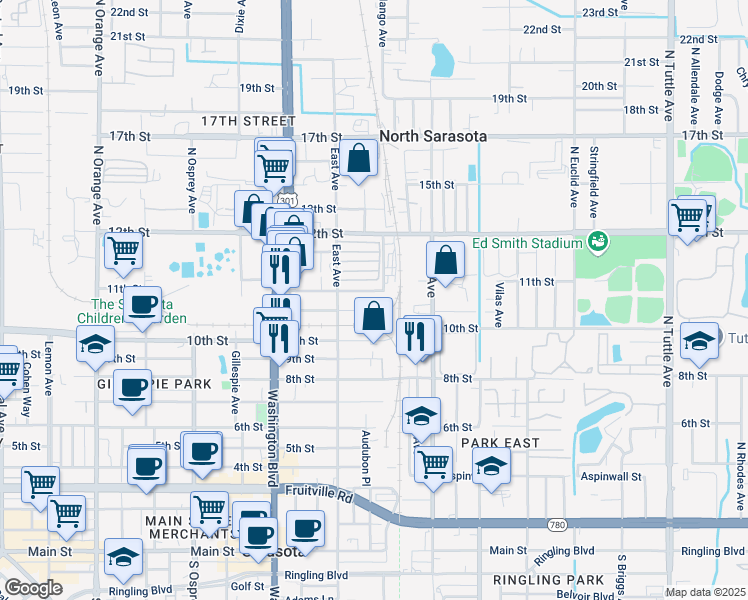 map of restaurants, bars, coffee shops, grocery stores, and more near 2175 Princeton Street in Sarasota
