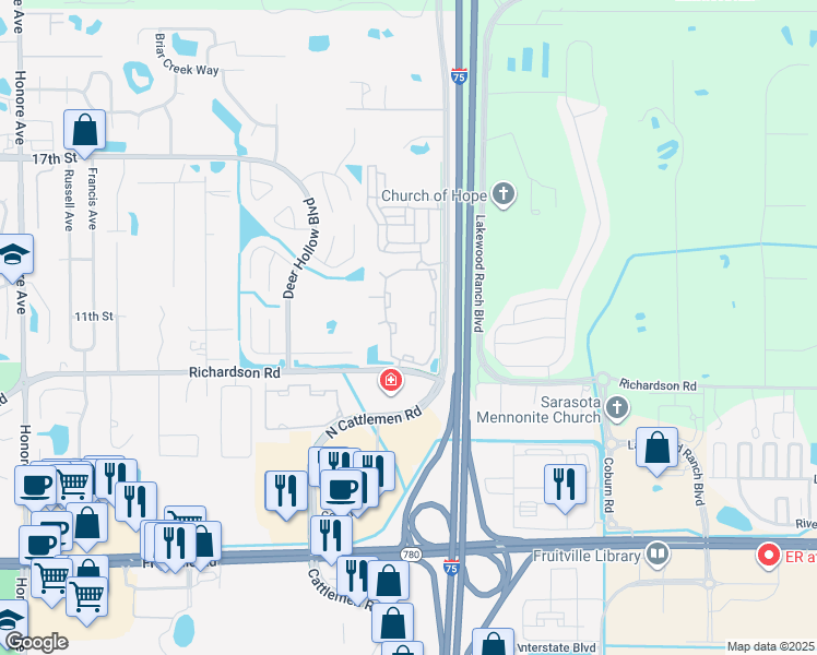 map of restaurants, bars, coffee shops, grocery stores, and more near 1012 Marlin Lakes Circle in Sarasota