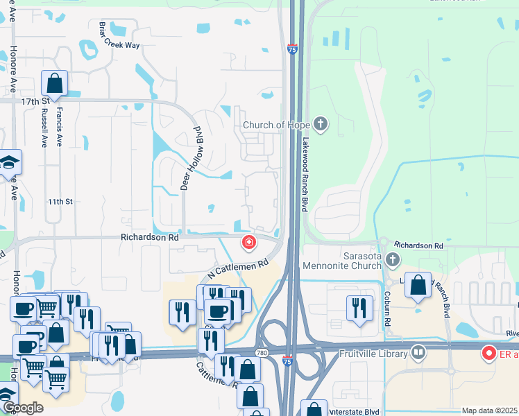 map of restaurants, bars, coffee shops, grocery stores, and more near 1012 Marlin Lakes Circle in Sarasota