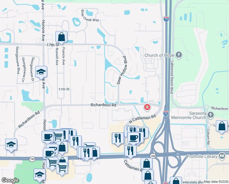 map of restaurants, bars, coffee shops, grocery stores, and more near 1074 Deer Hollow Way in Sarasota