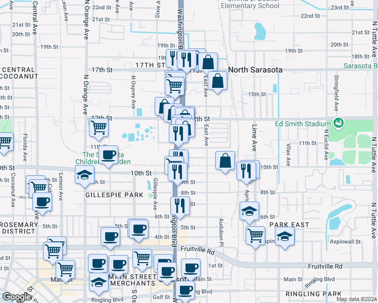 map of restaurants, bars, coffee shops, grocery stores, and more near 2001 Princeton Street in Sarasota