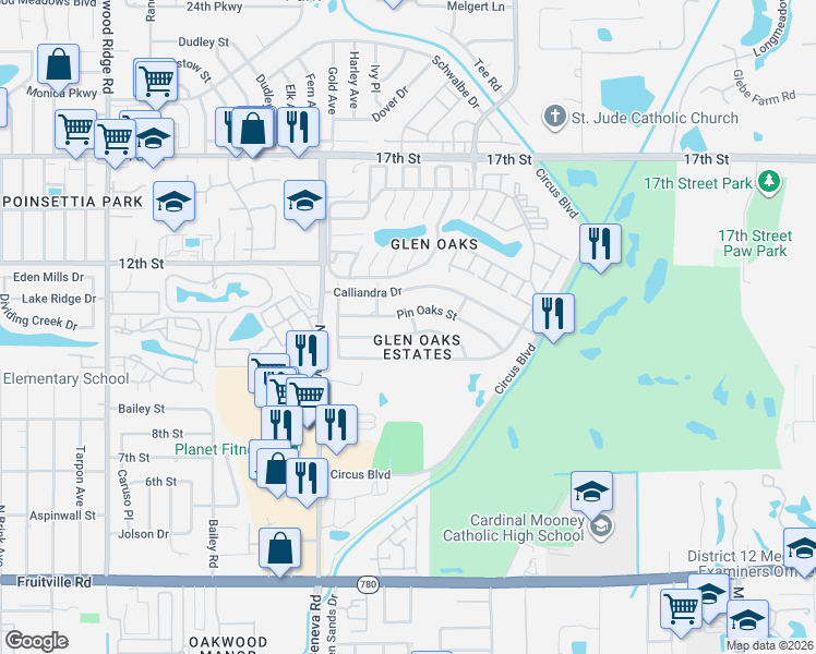 map of restaurants, bars, coffee shops, grocery stores, and more near 3740 Pin Oaks Street in Sarasota
