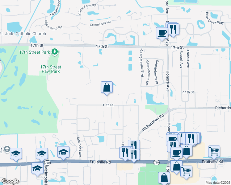 map of restaurants, bars, coffee shops, grocery stores, and more near 1050 Gun Club Road in Sarasota