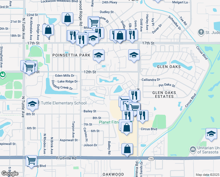 map of restaurants, bars, coffee shops, grocery stores, and more near 3290 Cheshire Lane in Sarasota