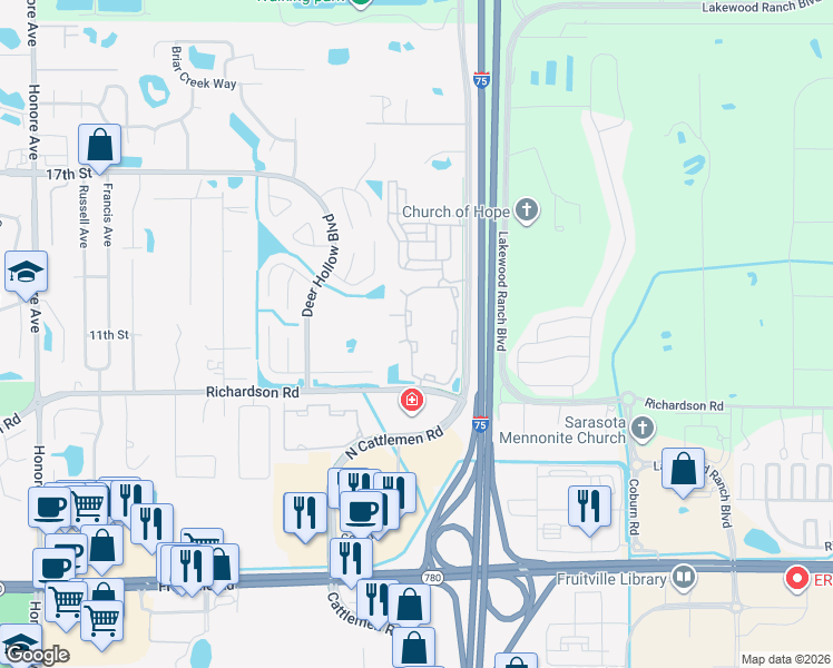 map of restaurants, bars, coffee shops, grocery stores, and more near 1012 Marlin Lakes Circle in Sarasota