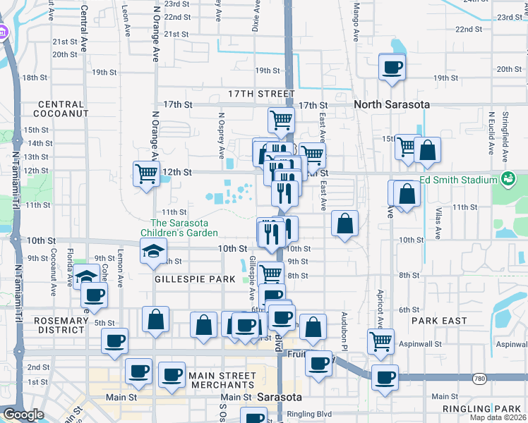 map of restaurants, bars, coffee shops, grocery stores, and more near 1051 N Washington Blvd in Sarasota