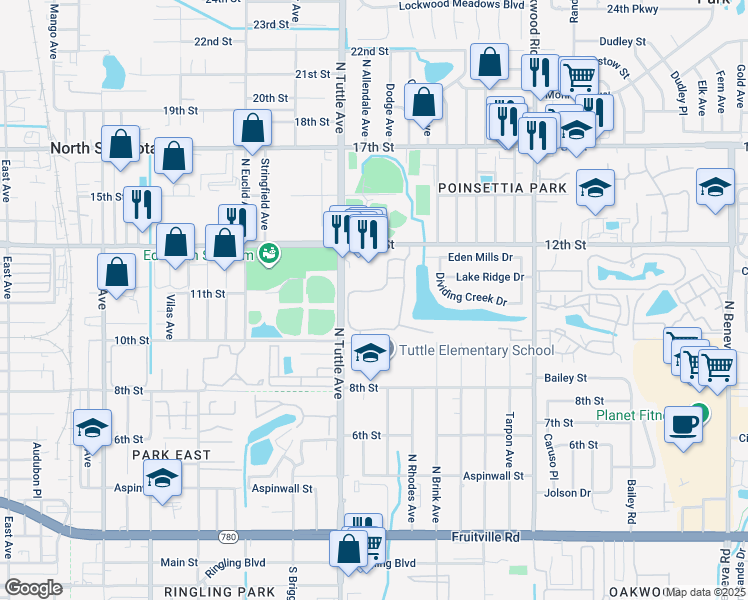 map of restaurants, bars, coffee shops, grocery stores, and more near 1155 Villagio Circle in Sarasota