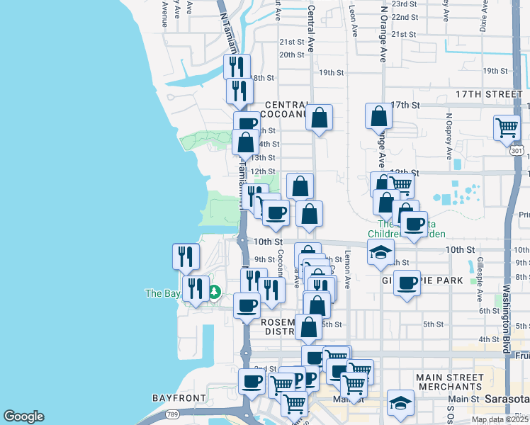 map of restaurants, bars, coffee shops, grocery stores, and more near 1268 11th Street in Sarasota